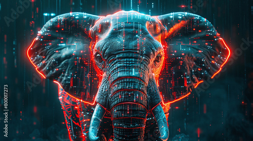 An elephant made of glowing blue and red particles #800017273