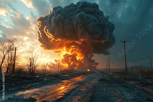 Atomic explosion of a nuclear bomb in the city, view from above. Mushroom fire cloud. AI generated.