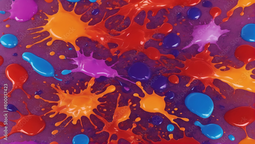 Image of radiant-colored liquids splattering and spreading on textured surfaces, with rebellious hues like radiant red, vibrant violet, and electric orange against a backdrop ULTRA HD 8K