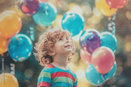 A festive image of a curly-haired child encircled by multicolored birthday balloons, evoking a sense of celebration