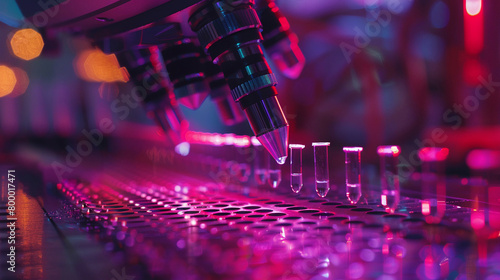 An image of a laboratory with a robotic arm holding a pipette over test tubes filled with a glowing liquid