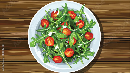 Plate with tasty arugula salad on wooden background vector