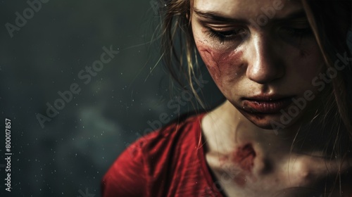 A young woman with a sorrowful expression, showcasing a bruised and injured face.