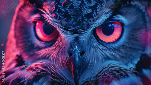 An owl with glowing red eyes and blue feathers