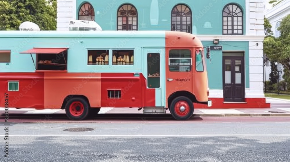 Colorful vintage food truck parked on a city street offering delightful street food