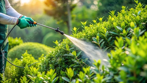 spraying pesticides on green foliage, watering plants
