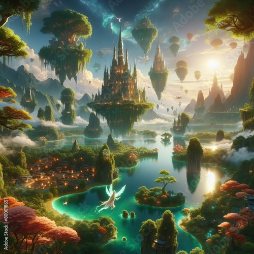 A fantasy scene of a magical realm with floating islands and enc