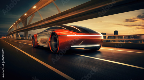 Futuristic speed car on the autobahn in the evening. Ecological transport of the future