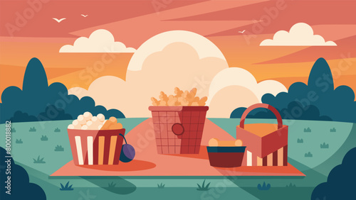 The hum of picnic baskets being unpacked and the smell of freshly popped popcorn fill the air as the sun sets on this nostalgic evening.. Vector illustration