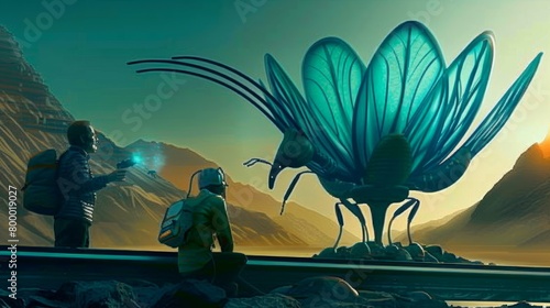 Explorers encounter a giant alien insect in a sci-fi landscape © Yusif