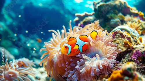 beautiful sea ocean landscape background with coral reefs, anemones, turtles, clown fish, nemo. Deep blue sea with big whale © rafliand