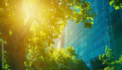 Urban eco friendly glass office building with tree for carbon dioxide reduction in modern city photo