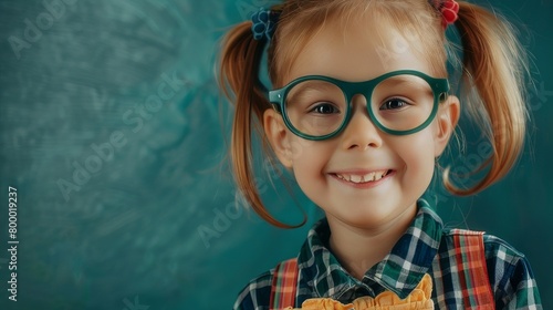 Smiling Young Girl with Glasses in Classroom photo