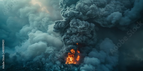 A massive volcanic eruption unleashes a powerful plume of smoke and fire into the stormy sky.