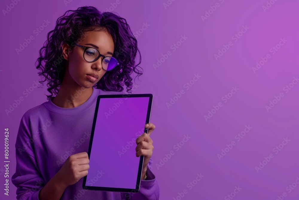 Ui mockup woman in her 40s holding a tablet with an entirely purple screen Ui mockup woman in her 40s holding a tablet with an entirely purple screen