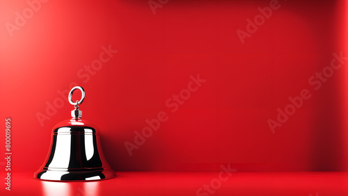 A silver bell is on a red background