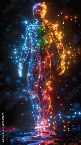 A glowing human figure made of colorful light trails walks through a dark forest. The figure is facing the viewer and has its arms outstretched.