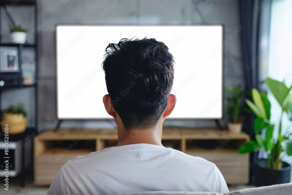 App mockup asian man in his 20s in front of an smart-tv with a fully white screen App mockup asian man in his 20s in front of an smart-tv with a fully white screen