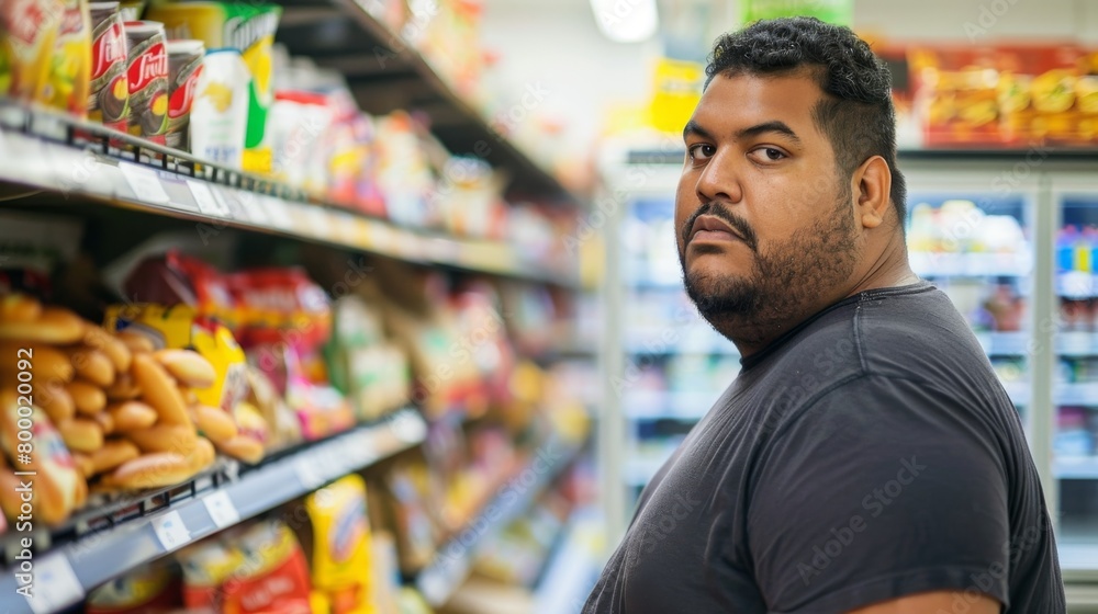 A man with a beard and mustache wearing a dark t-shirt standing in a grocery store aisle with a variety of snacks and drinks on the shelves behind him.