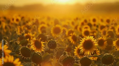 Sunset casting golden light over a vast field of blooming sunflowers in summertime.