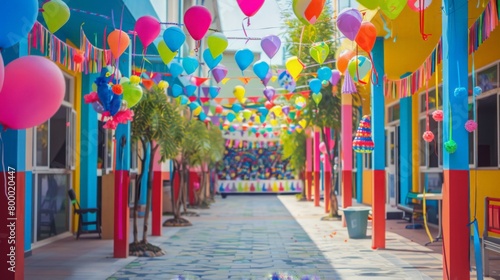 schoolyard decorated with colorful streamers and balloons, hosting a fun fair for Teacher's Day photo