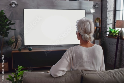 Application mockup caucasian woman in her 60s in front of an smart-tv with an entirely white screen