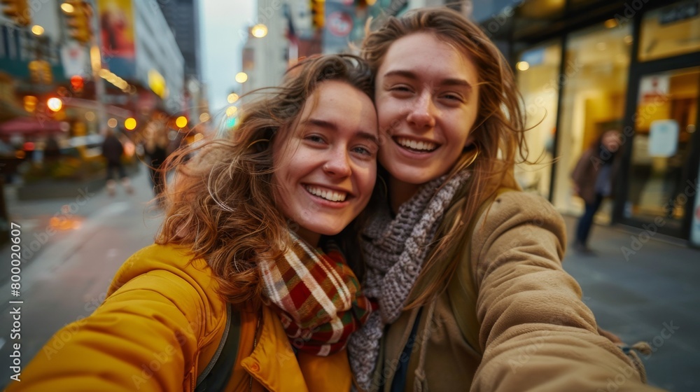 Two smiling young women taking a selfie on a busy city street at night. Two smiling young women taking a selfie on a busy city street at night.