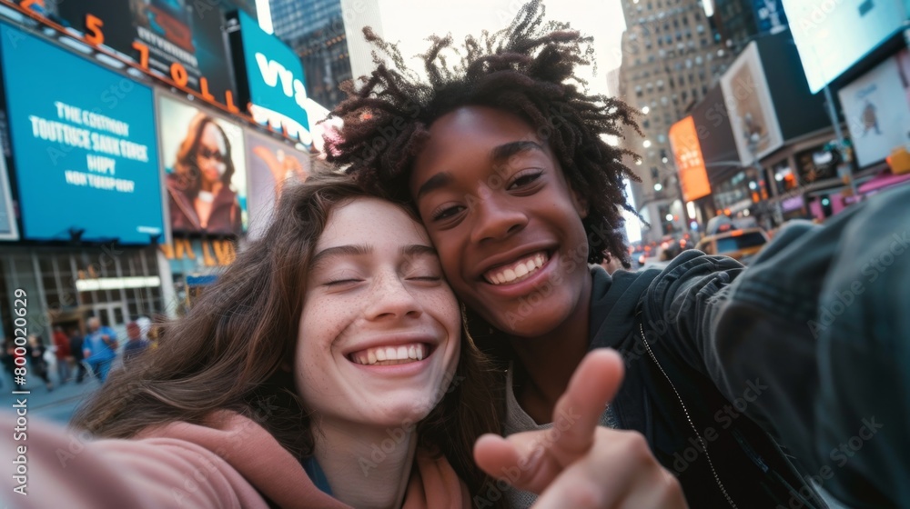 Fototapeta premium Two young people smiling and taking a selfie in a bustling city street with bright billboards and a crowd of people in the background.