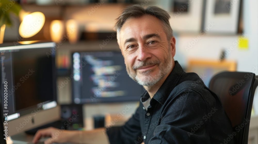 A man with a beard and graying hair wearing a dark shirt sitting ata desk with multiple computer monitors smiling towards the camera in a well-lit office environment. A man with a beard and graying hair wearing a dark shirt sitting ata desk with multiple computer monitors smiling towards the camera in a well-lit office environment.