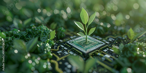 Computer chip on a green leaf with a background of a blue circuit board and a plant the concept of artificial intelligence and technology 