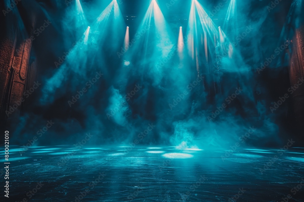 Modern dance stage light background with spotlight illuminated the stage. Stage lighting performance show. Empty stage with cool blue and green color stage lighting. Entertainment, Generative AI