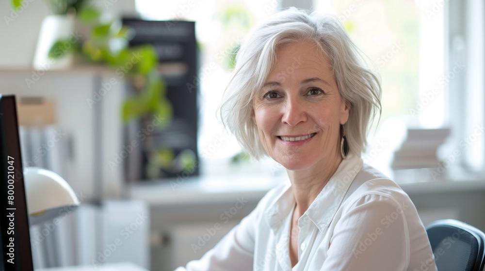 Smiling woman with gray hair wearing white blouse sitting at desk with monitor plants and books in background. Smiling woman with gray hair wearing white blouse sitting at desk with monitor plants and books in background.