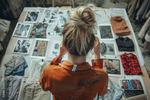 Generate an image of a woman creating a fashion inspiration board on her smartphone, with images of different clothing styles and trends, using a collage-like composition to convey creativity & style.