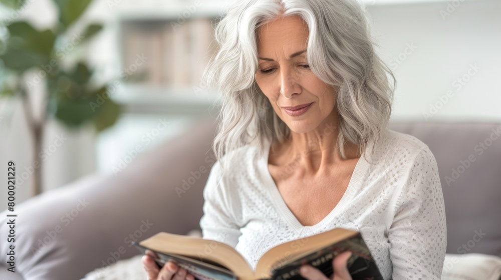 A woman with gray hair wearing a white blouse reading a book while sitting on a couch in a cozy room. A woman with gray hair wearing a white blouse reading a book while sitting on a couch in a cozy room.