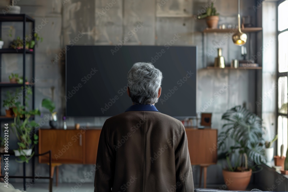 App screen man in his 50s in front of an smart-tv with an entirely white screen App screen man in his 50s in front of an smart-tv with an entirely white screen