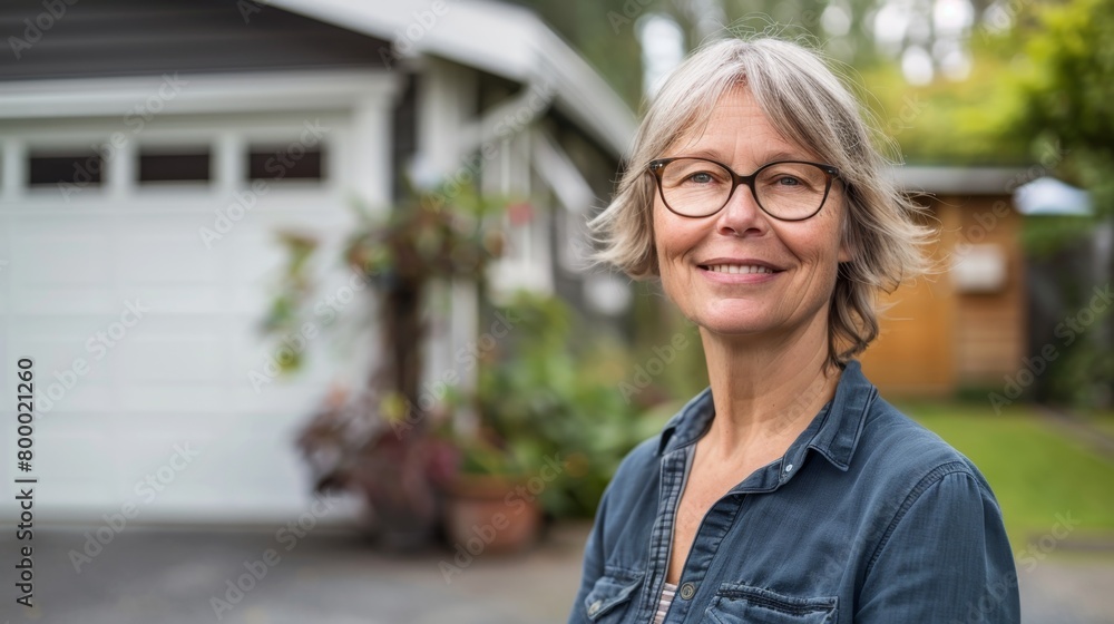 A woman with short gray hair wearing glasses and a blue shirt standing in front of a house with a white garage door and green plants. A woman with short gray hair wearing glasses and a blue shirt standing in front of a house with a white garage door and green plants.