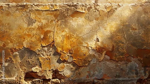Ancient mural on sunbaked temple wall depicting historical scenes in golden hues photo