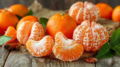 A pile of fresh peeled and unpeeled tangerines on a wooden table photo