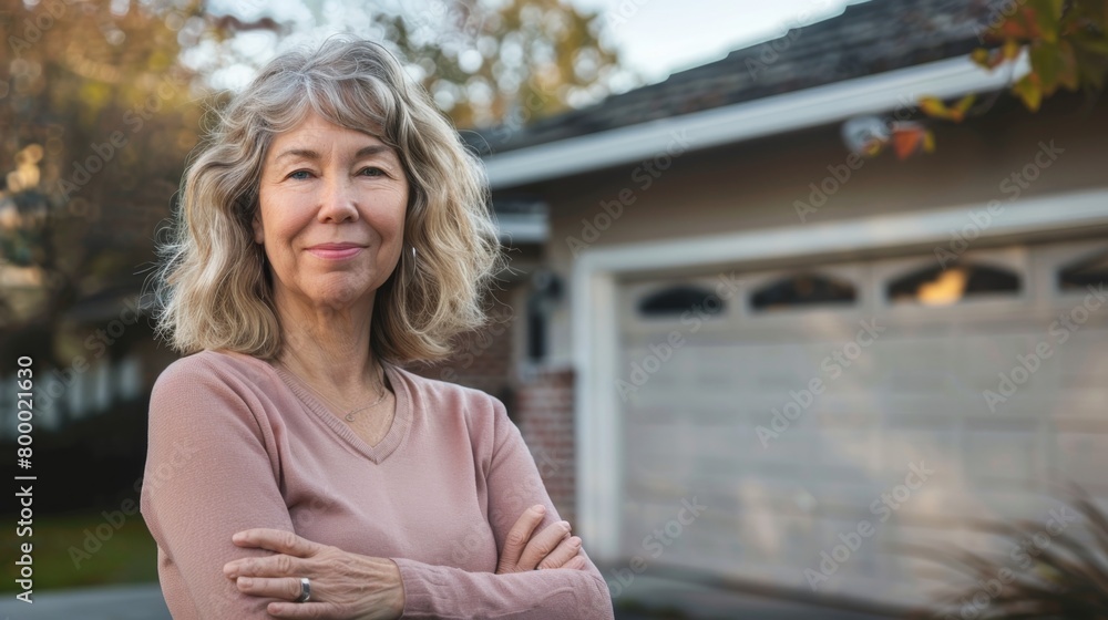 Woman with curly blonde hair wearing a pink sweater standing in front of a house with a white garage door smiling and looking directly at the camera. Woman with curly blonde hair wearing a pink sweater standing in front of a house with a white garage door smiling and looking directly at the camera.