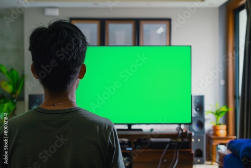Device screen asian man in his 30s in front of an smart-tv with a completely green screen © Markus Schröder