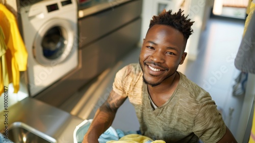 Young man with short hair smiling wearing a beige shirt sitting on a kitchen floor surrounded by laundry with a white washing machine in the background.