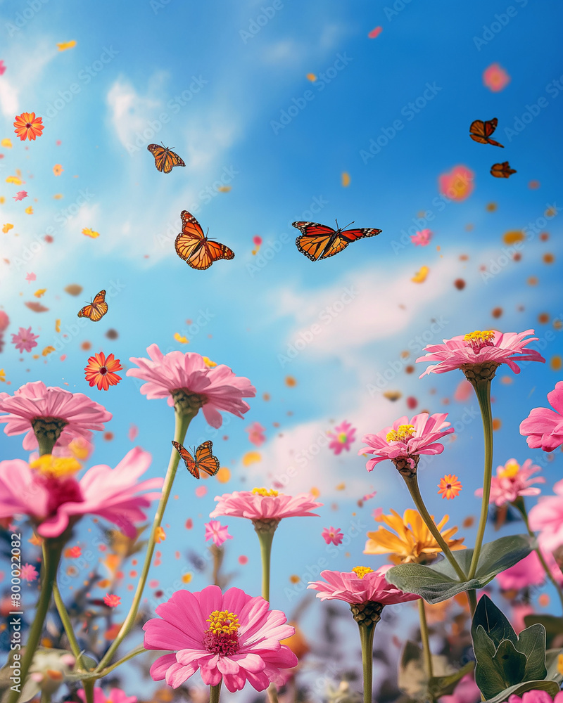  Flowers field with blossom pink flowers and yellow butterflies against at sunny day with blue sky in summer, summer flower theme.