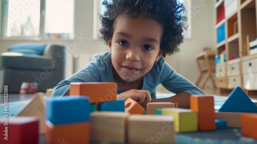 A young child with curly hair wearing a blue shirt sitting on the floor and smiling at the camera while playing with colorful wooden blocks.