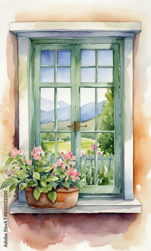 Fototapeta premium Rustic Window with pastoral watercolor scene. Visual for home decor and lifestyle magazines. AI Illustration.