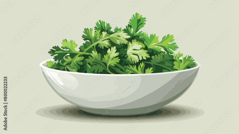 Bowl with fresh cilantro on color background closeup