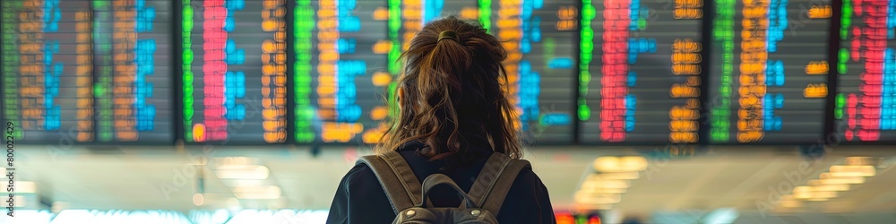Obraz premium Solo Traveler Contemplating Airport Flight Schedule