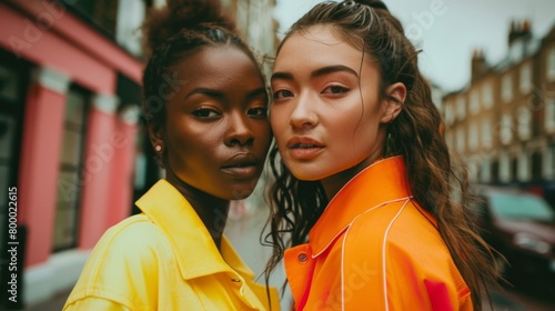 Two women standing close together one wearing a yellow shirt and the other in an orange shirt with a blu rred city street background. photo