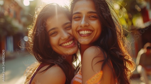 Two young women with long hair smiling brightly at the camera their faces close together with a blu rred background suggesting a su nny outdoor setting.