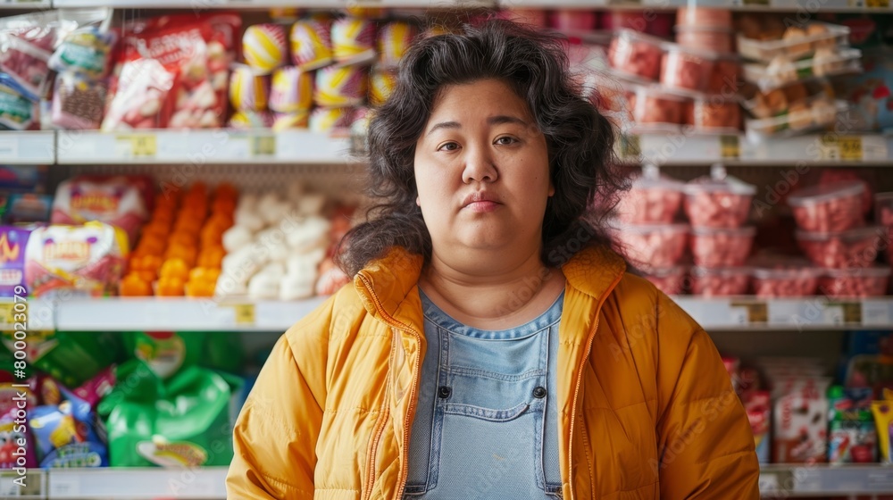 Asian woman in yellow jacket and blue denim shirt standing in front of grocery store shelf with various packaged food items.