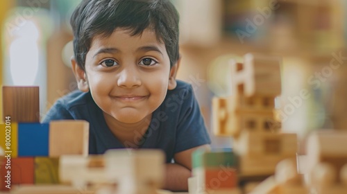 A young boy with a joyful expression leaning over a table filled with colorful wooden blocks suggesting a playful and creative environment.